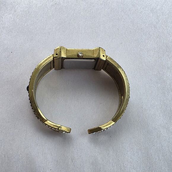 Heidi Daus Hinged Cuff Bracelet Watch Tan Swarovski Crystals Bangle Bronze Black